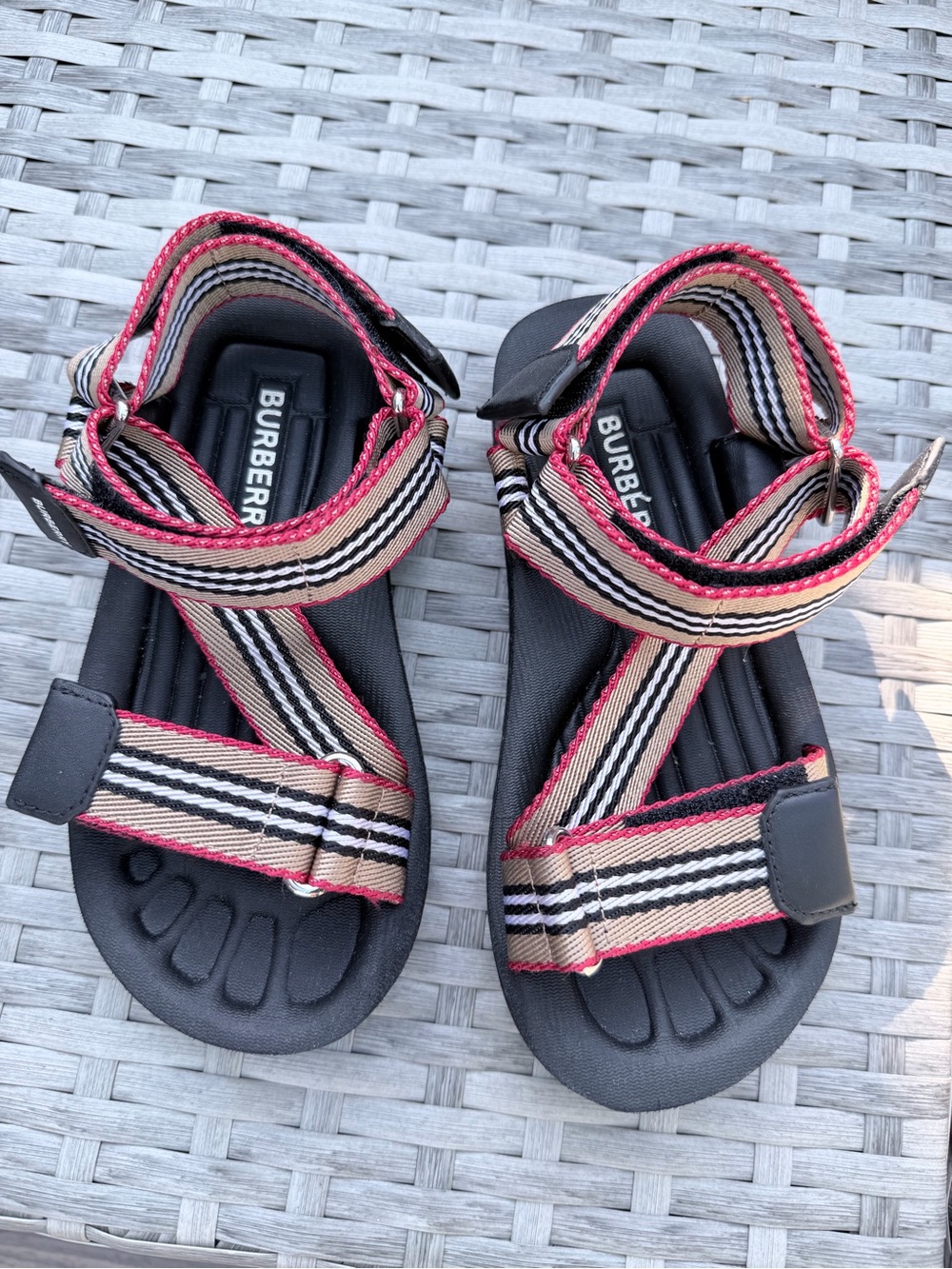 Burberry Kids Beige Stripe Sandals with Red Trim